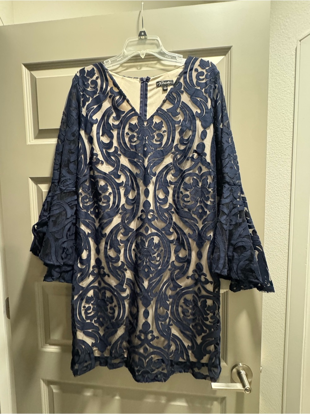 Prelude Navy Lace Overlay V-Neck Shift Dress with Bell Sleeves